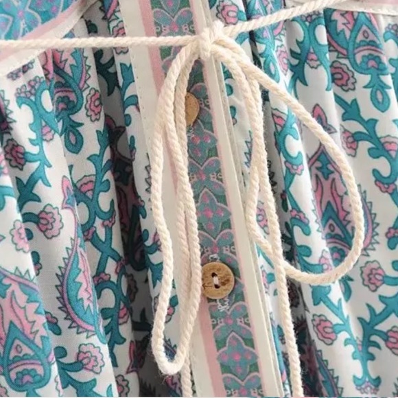 Bohemian Gypsy Print Kimono Maxi Dress Blue Cream - Picture 10 of 14